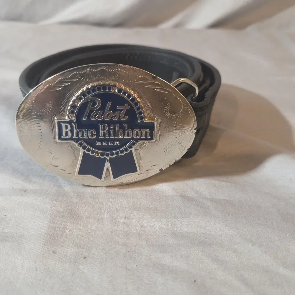 Vintage Pabst Blue Ribbon Beer Belt Buckle PBR Silver Tone Enameled Pewter